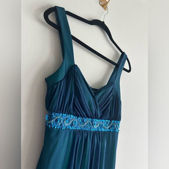 Y2K Teal Blue Hi-Lo Dress | Sheer Overlay Sequins | Size M Winter Formal - Picture 3 of 8